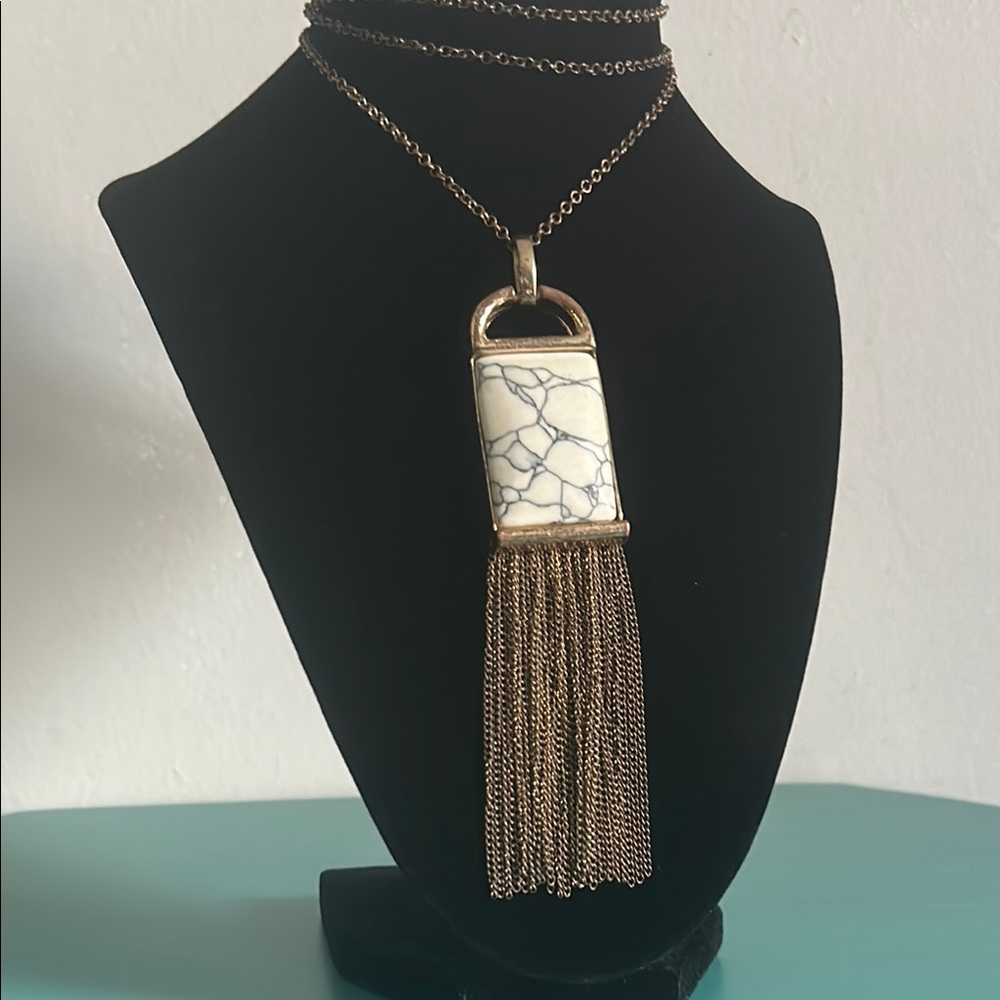 Bold Statement Copper Gold Fringe and Marbled Pendant Necklace